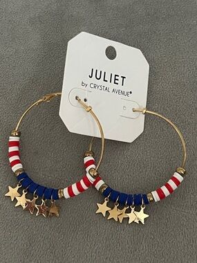 Juliet by Crystal Avenue Gold Hoop Earrings with Red, White & Blue Beads